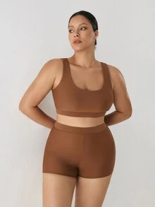 YARNWELL Plus Size Women's Casual Solid Color Swim Shorts - Brown - View 7