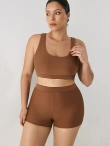 YARNWELL Plus Size Women's Casual Solid Color Swim Shorts - Brown - View 3