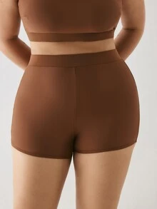 YARNWELL Plus Size Women's Casual Solid Color Swim Shorts - Brown - View 5