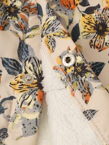 Girls' Gentle Beige Base Vintage Yellow-Brown Floral All-Over Print Jacket, Loose Hooded Mid-Length Fit, Ribbed Cuffs, Student Casual Floral Jacket For Daily Wear, Commuting And Travel, Snug Fit Autumn/Winter - Multicolor - View 11