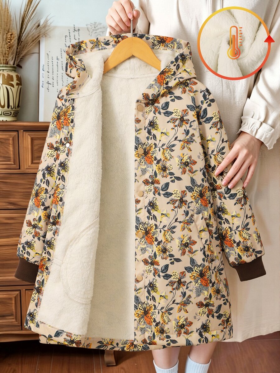 Girls' Gentle Beige Base Vintage Yellow-Brown Floral All-Over Print Jacket, Loose Hooded Mid-Length Fit, Ribbed Cuffs, Student Casual Floral Jacket For Daily Wear, Commuting And Travel, Snug Fit Autumn/Winter - Multicolor - View 1