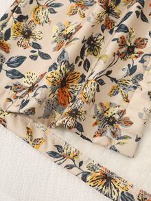Girls' Gentle Beige Base Vintage Yellow-Brown Floral All-Over Print Jacket, Loose Hooded Mid-Length Fit, Ribbed Cuffs, Student Casual Floral Jacket For Daily Wear, Commuting And Travel, Snug Fit Autumn/Winter - Multicolor - View 8