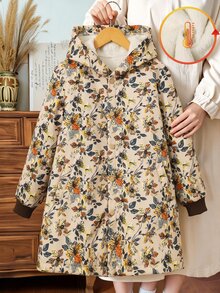 Girls' Gentle Beige Base Vintage Yellow-Brown Floral All-Over Print Jacket, Loose Hooded Mid-Length Fit, Ribbed Cuffs, Student Casual Floral Jacket For Daily Wear, Commuting And Travel, Snug Fit Autumn/Winter - Multicolor - View 3