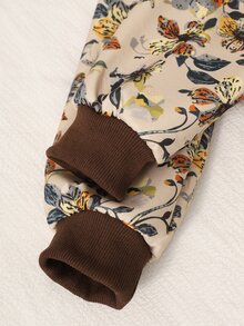 Girls' Gentle Beige Base Vintage Yellow-Brown Floral All-Over Print Jacket, Loose Hooded Mid-Length Fit, Ribbed Cuffs, Student Casual Floral Jacket For Daily Wear, Commuting And Travel, Snug Fit Autumn/Winter - Multicolor - View 7
