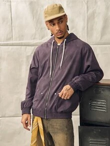Norleigh Men's Vintage Purple Oversized Zip-Up Hoodie Jacket, Drawstring Hood, Rivet Pockets, Bomber Style Sweatshirt Outerwear, Couple Gift - Purple - View 1