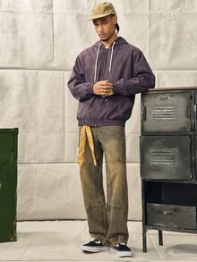 Norleigh Men's Vintage Purple Oversized Zip-Up Hoodie Jacket, Drawstring Hood, Rivet Pockets, Bomber Style Sweatshirt Outerwear, Couple Gift - Purple - View 7