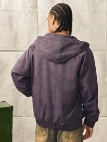 Norleigh Men's Vintage Purple Oversized Zip-Up Hoodie Jacket, Drawstring Hood, Rivet Pockets, Bomber Style Sweatshirt Outerwear, Couple Gift - Purple - View 2