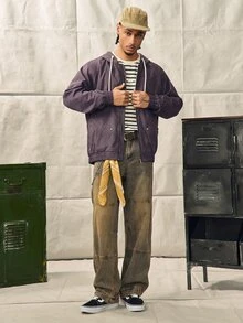 Norleigh Men's Vintage Purple Oversized Zip-Up Hoodie Jacket, Drawstring Hood, Rivet Pockets, Bomber Style Sweatshirt Outerwear, Couple Gift - Purple - View 3