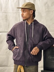 Norleigh Men's Vintage Purple Oversized Zip-Up Hoodie Jacket, Drawstring Hood, Rivet Pockets, Bomber Style Sweatshirt Outerwear, Couple Gift - Purple - View 5