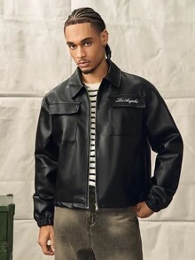 Norleigh Men's Letter Embroidered Utility Pocket Casual Zipper Placket Jacket - Black - View 1