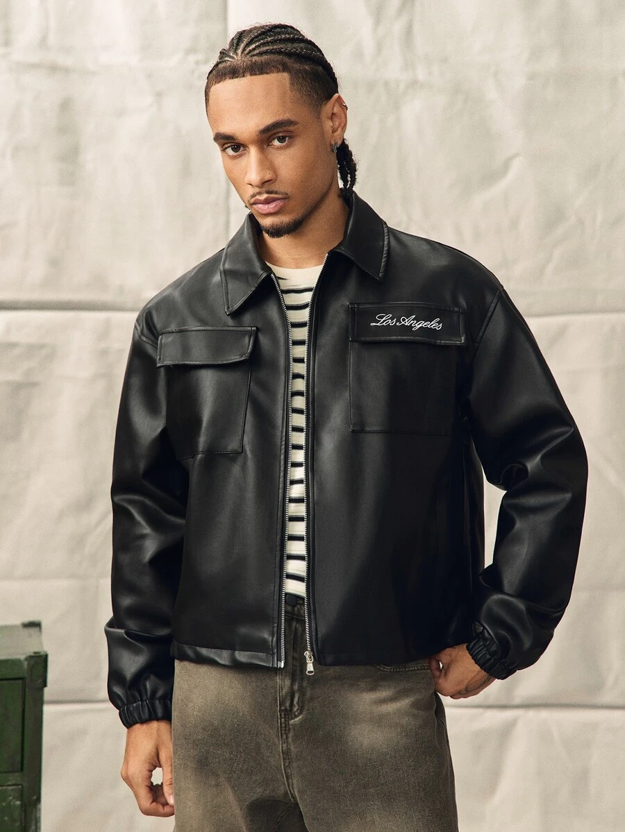 Norleigh Men's Letter Embroidered Utility Pocket Casual Zipper Placket Jacket - Black - View 1