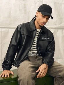 Norleigh Men's Letter Embroidered Utility Pocket Casual Zipper Placket Jacket - Black - View 4