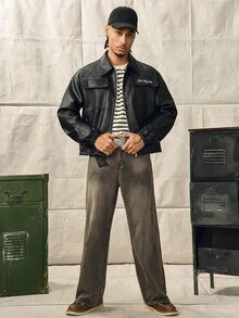 Norleigh Men's Letter Embroidered Utility Pocket Casual Zipper Placket Jacket - Black - View 7