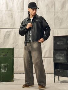 Norleigh Men's Letter Embroidered Utility Pocket Casual Zipper Placket Jacket - Black - View 3