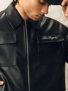 Norleigh Men's Letter Embroidered Utility Pocket Casual Zipper Placket Jacket - Black - View 5