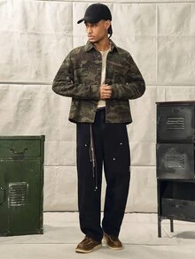 Norleigh 男士街頭風休閒鉤編迷彩牛仔襯衫 - 軍綠色 - 查看 3