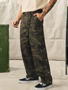 Norleigh 男士街頭風休閒拼接腰帶迷彩牛仔長褲 - 軍綠色 - 查看 1