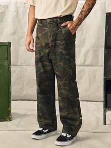 Norleigh 男士街頭風休閒拼接腰帶迷彩牛仔長褲 - 軍綠色 - 查看 3