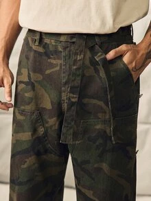 Norleigh 男士街頭風休閒拼接腰帶迷彩牛仔長褲 - 軍綠色 - 查看 5
