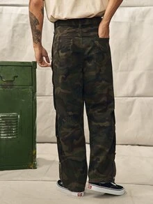 Norleigh 男士街頭風休閒拼接腰帶迷彩牛仔長褲 - 軍綠色 - 查看 2