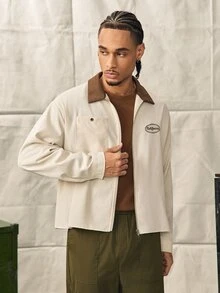 Men's Letter Embroidered Contrast Color Lapel Long Sleeve Zipper Placket Shirt - Apricot - View 4