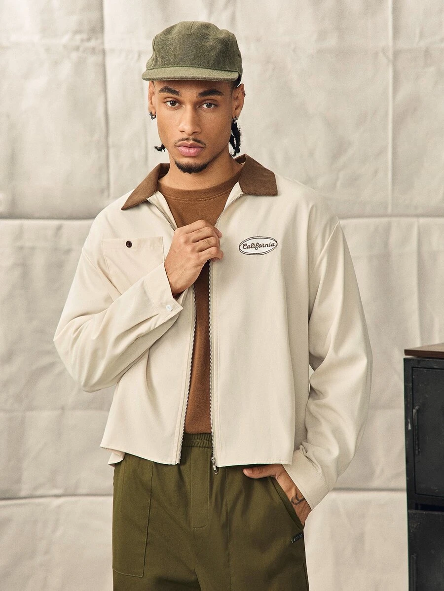 Men's Letter Embroidered Contrast Color Lapel Long Sleeve Zipper Placket Shirt - Apricot - View 1