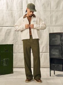 Men's Letter Embroidered Contrast Color Lapel Long Sleeve Zipper Placket Shirt - Apricot - View 3