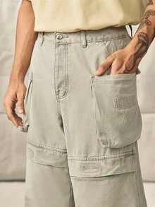 Norleigh Men's Streetwear Green Embroidered Loose Fit Extra Long Cargo Pocket Jeans - Green - View 5