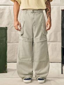 Norleigh Men's Streetwear Green Embroidered Loose Fit Extra Long Cargo Pocket Jeans - Green - View 3