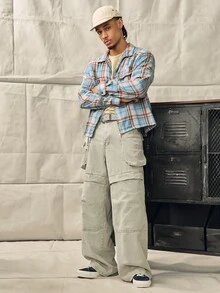 Norleigh Men's Streetwear Green Embroidered Loose Fit Extra Long Cargo Pocket Jeans - Green - View 8