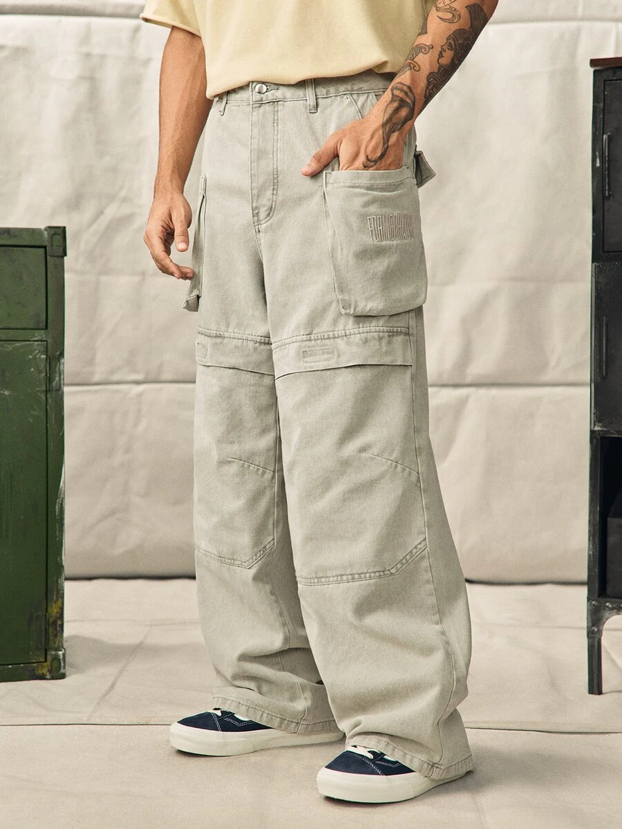 Norleigh Men's Streetwear Green Embroidered Loose Fit Extra Long Cargo Pocket Jeans - Green - View 1