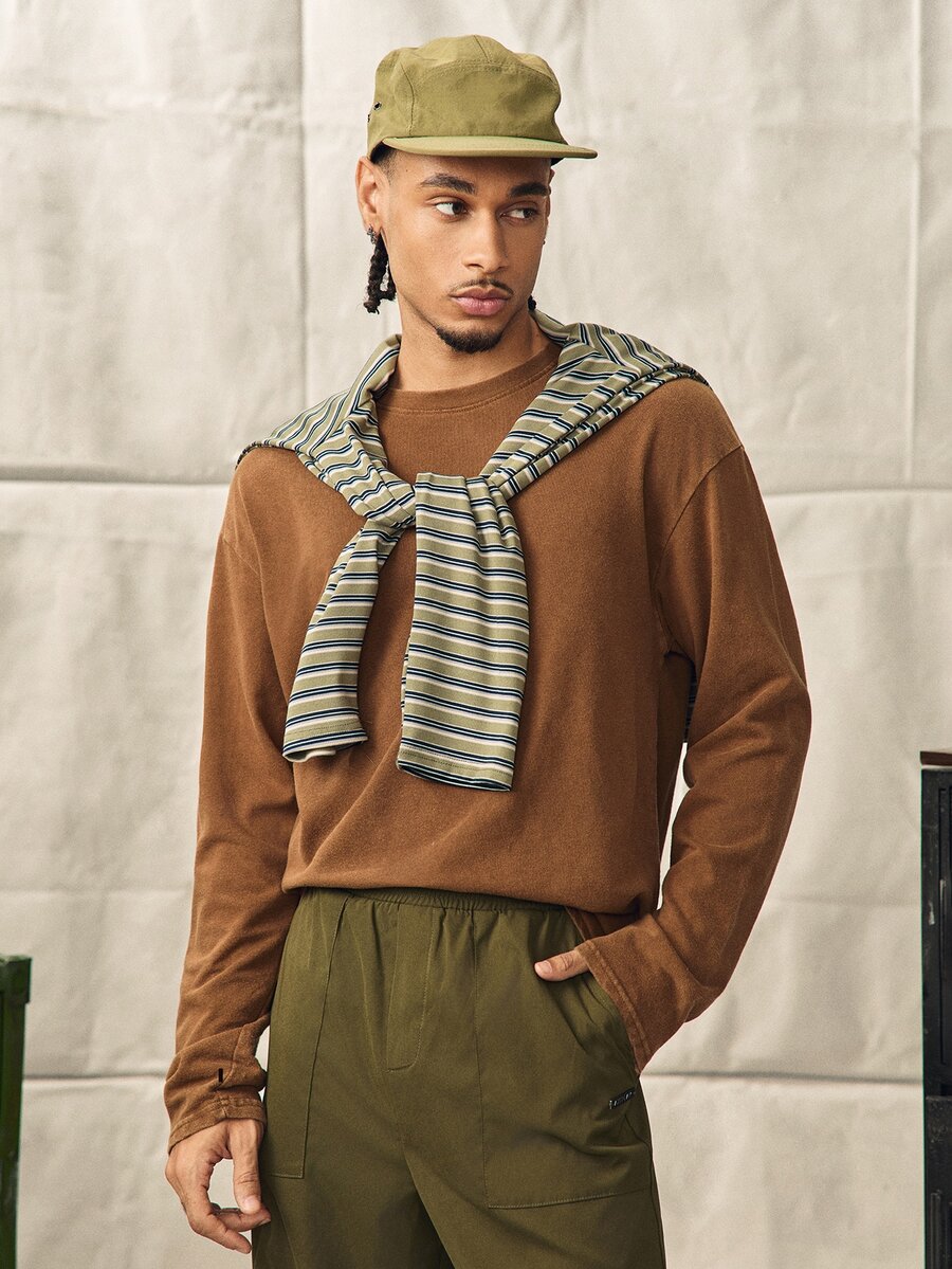 Norleigh Men's Casual Washed Loose Fit Round Neck Long Sleeve T-Shirt - Coffee Brown - View 1