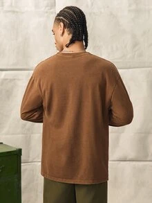 Norleigh Men's Casual Washed Loose Fit Round Neck Long Sleeve T-Shirt - Coffee Brown - View 2