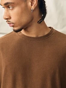 Norleigh Men's Casual Washed Loose Fit Round Neck Long Sleeve T-Shirt - Coffee Brown - View 6