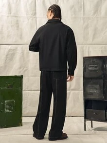 Norleigh 男士純色單排扣胸前口袋長袖襯衫與鬆緊腰休閒寬鬆長褲套裝 - 黑色 - 查看 2