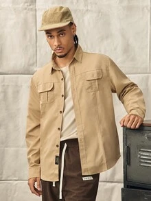 Norleigh Men's Solid Color Military Style Casual Long Sleeve Button-Down Shirt, Slim Fit Design With Dual Pockets, Suitable For Outdoor & Daily Wear, Rugged Look - Khaki - View 5