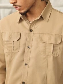 Norleigh Men's Solid Color Military Style Casual Long Sleeve Button-Down Shirt, Slim Fit Design With Dual Pockets, Suitable For Outdoor & Daily Wear, Rugged Look - Khaki - View 7