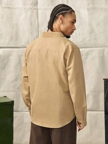 Norleigh Men's Solid Color Military Style Casual Long Sleeve Button-Down Shirt, Slim Fit Design With Dual Pockets, Suitable For Outdoor & Daily Wear, Rugged Look - Khaki - View 2
