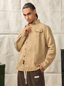 Norleigh Men's Solid Color Military Style Casual Long Sleeve Button-Down Shirt, Slim Fit Design With Dual Pockets, Suitable For Outdoor & Daily Wear, Rugged Look - Khaki - View 1
