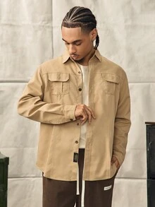 Norleigh Men's Solid Color Military Style Casual Long Sleeve Button-Down Shirt, Slim Fit Design With Dual Pockets, Suitable For Outdoor & Daily Wear, Rugged Look - Khaki - View 4