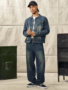 Men's Vintage Denim 2 Pieces Set, Casual Jacket And Wide-Leg Pants, Spring/Autumn Boyfriend & Husband Washed Blue Straight Leg For Chore - Medium Wash - View 1