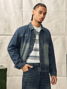 Men's Vintage Denim 2 Pieces Set, Casual Jacket And Wide-Leg Pants, Spring/Autumn Boyfriend & Husband Washed Blue Straight Leg For Chore - Medium Wash - View 4