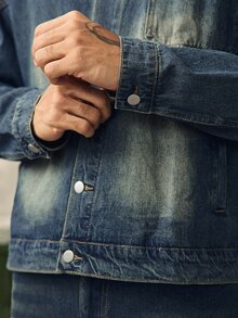 Men's Vintage Denim 2 Pieces Set, Casual Jacket And Wide-Leg Pants, Spring/Autumn Boyfriend & Husband Washed Blue Straight Leg For Chore - Medium Wash - View 6