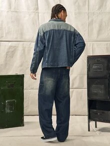 Men's Vintage Denim 2 Pieces Set, Casual Jacket And Wide-Leg Pants, Spring/Autumn Boyfriend & Husband Washed Blue Straight Leg For Chore - Medium Wash - View 2