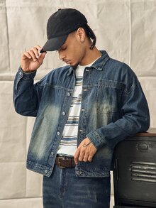 Men's Vintage Denim 2 Pieces Set, Casual Jacket And Wide-Leg Pants, Spring/Autumn Boyfriend & Husband Washed Blue Straight Leg For Chore - Medium Wash - View 5