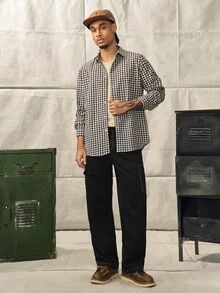 Norleigh 男士休閒前扣長袖格紋梭織襯衫 男士時尚格紋襯衫 棕色與白色襯衫 度假、父親節禮物 - 咖啡棕 - 查看 8