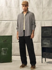 Norleigh 男士休閒前扣長袖格紋梭織襯衫 男士時尚格紋襯衫 棕色與白色襯衫 度假、父親節禮物 - 咖啡棕 - 查看 3