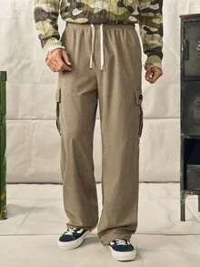 Khaki Corduroy Cargo Pants For Men, Elastic Waist, Zipper Flap Pocket, Drawstring Hem, Streetwear St Vacation Autumn - Khaki - View 3