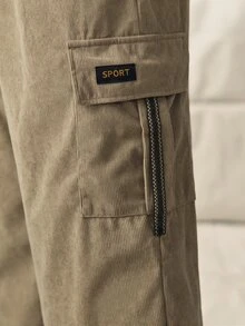 Khaki Corduroy Cargo Pants For Men, Elastic Waist, Zipper Flap Pocket, Drawstring Hem, Streetwear St Vacation Autumn - Khaki - View 5