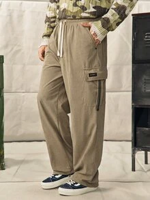 Khaki Corduroy Cargo Pants For Men, Elastic Waist, Zipper Flap Pocket, Drawstring Hem, Streetwear St Vacation Autumn - Khaki - View 1